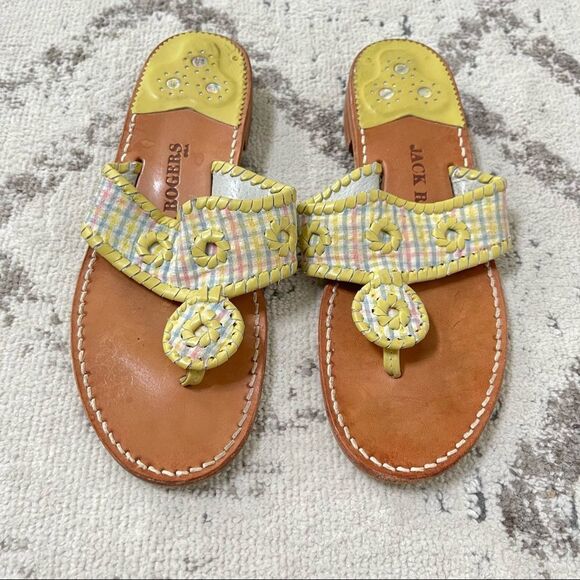 Jack Rogers Navajo Yellow Pastel Multi Plaid Leather Flip Flop Sandals 9 - Picture 5 of 9